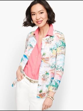 Talbots Cream Cardigan with Green and Aqua Tropical Print